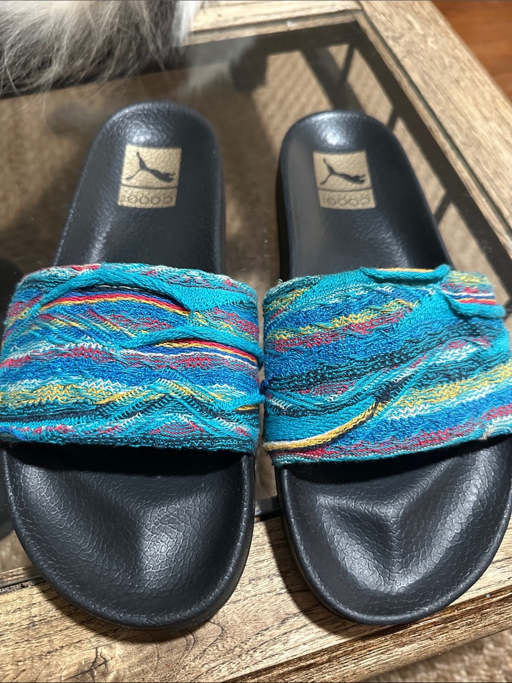 COOGI/Puma Men’s Turquoise Multicolor Woven Slide Sandals with Black Footbed